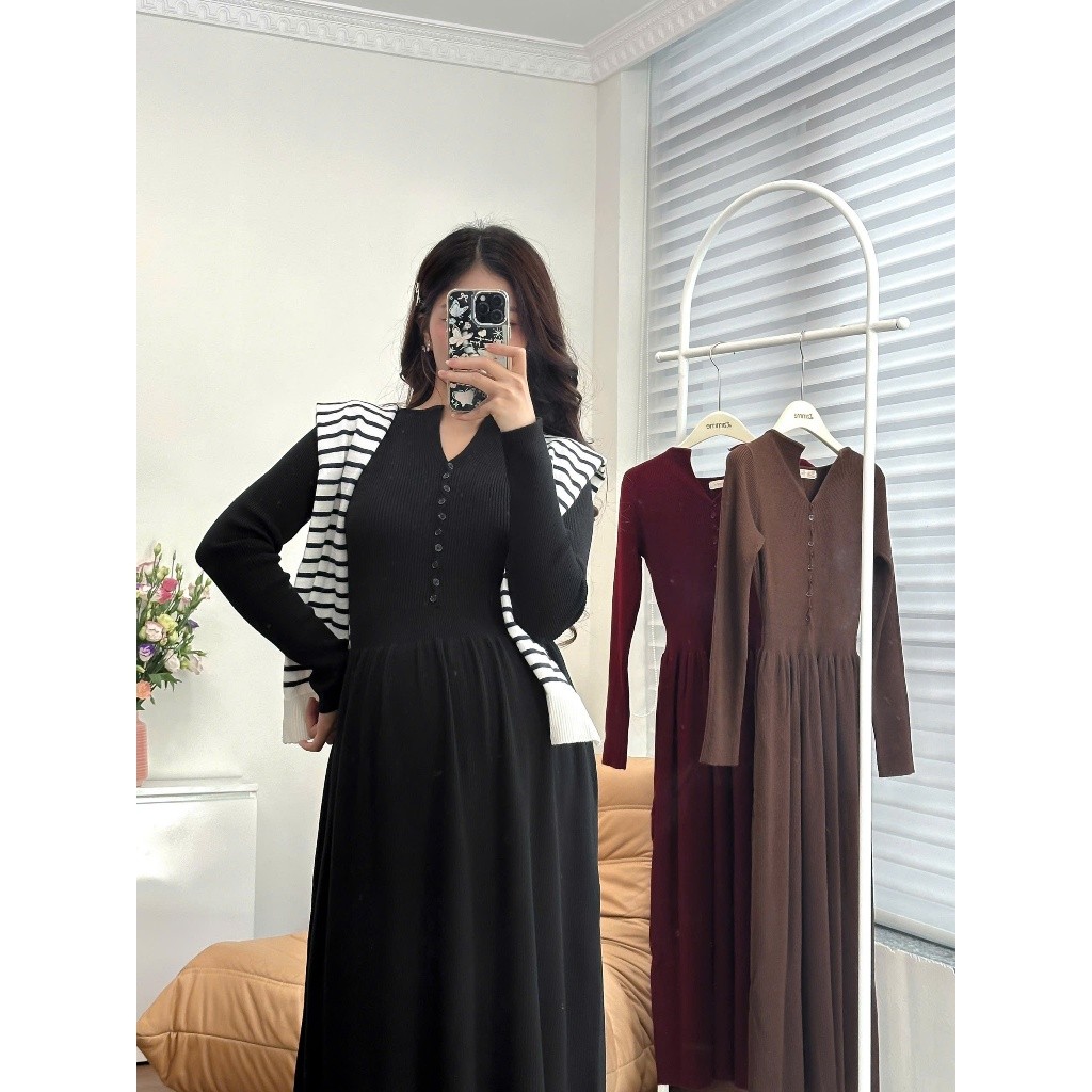 Váy len, đầm len bầu cổ cách điệu phối cúc VL044 freesize thiết kế xòe nhẹ, chất liệu len dệt mềm mại, ấm áp  BY L'AMME