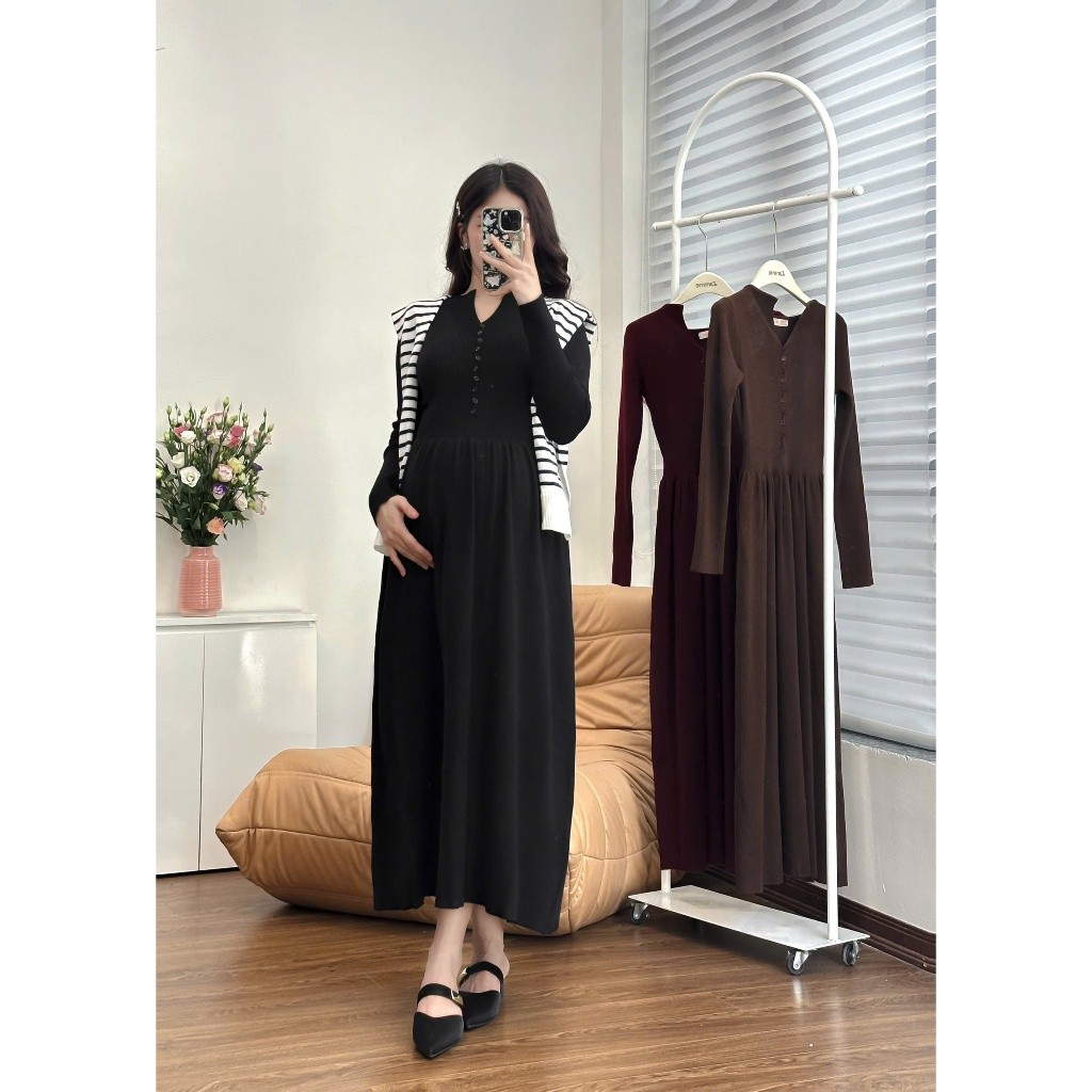 Váy len, đầm len bầu cổ cách điệu phối cúc VL044 freesize thiết kế xòe nhẹ, chất liệu len dệt mềm mại, ấm áp  BY L'AMME