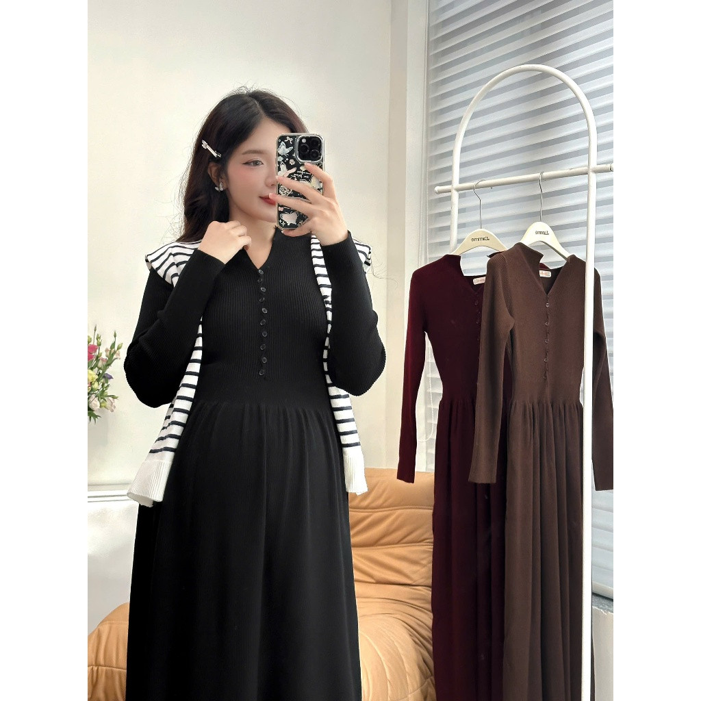 Váy len, đầm len bầu cổ cách điệu phối cúc VL044 freesize thiết kế xòe nhẹ, chất liệu len dệt mềm mại, ấm áp  BY L'AMME