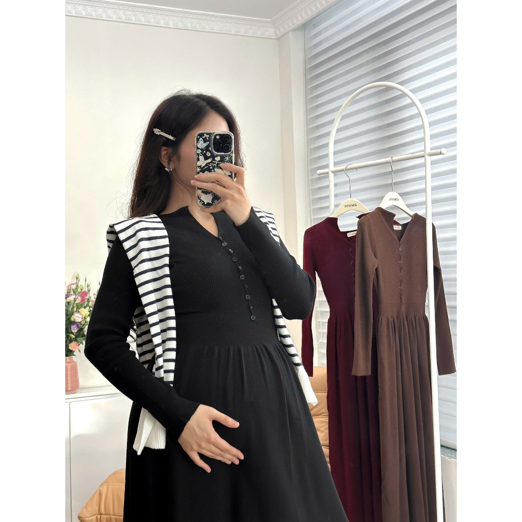 Váy len, đầm len bầu cổ cách điệu phối cúc VL044 freesize thiết kế xòe nhẹ, chất liệu len dệt mềm mại, ấm áp  BY L'AMME