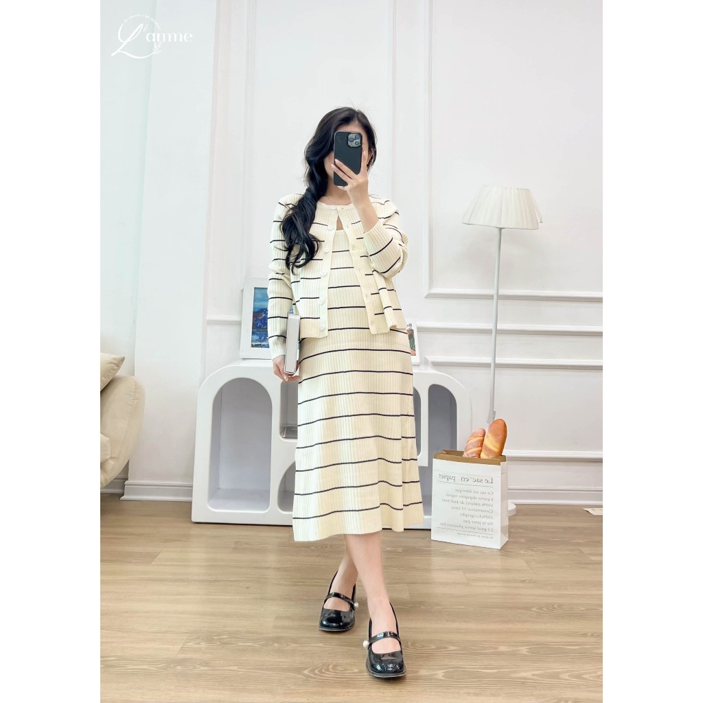 Váy 2 dây kết hợp áo khoác, set váy len bầu 01 họa tiết kẻ chất liệu mềm mại, phù hợp đi chơi, đi làm BY L'AMME