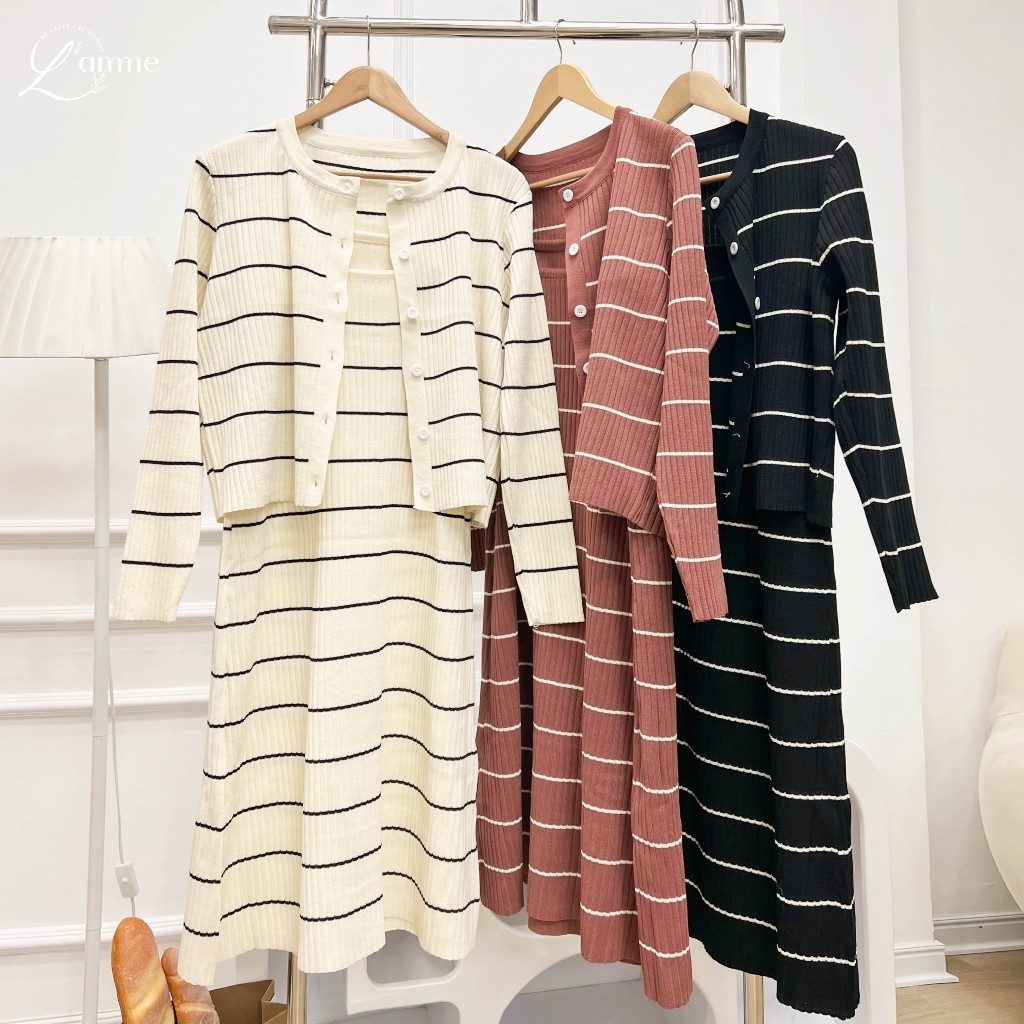 Váy 2 dây kết hợp áo khoác, set váy len bầu 01 họa tiết kẻ chất liệu mềm mại, phù hợp đi chơi, đi làm BY L'AMME
