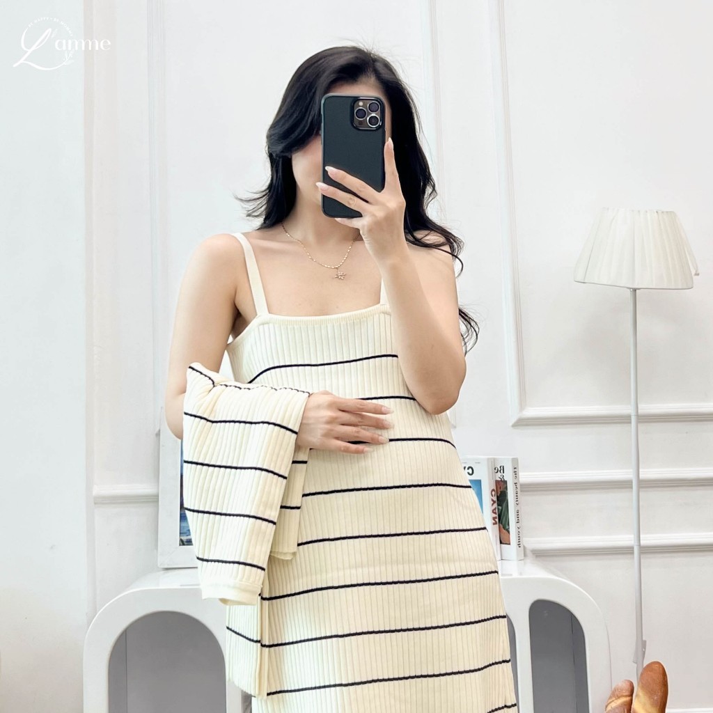 Váy 2 dây kết hợp áo khoác, set váy len bầu 01 họa tiết kẻ chất liệu mềm mại, phù hợp đi chơi, đi làm BY L'AMME