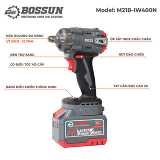 Máy siết bulong pin BOSSUN M21B-IW400N, Lực siết: 400Nm, Đầu Bulong 2 in 1, Động cơ không chổi than