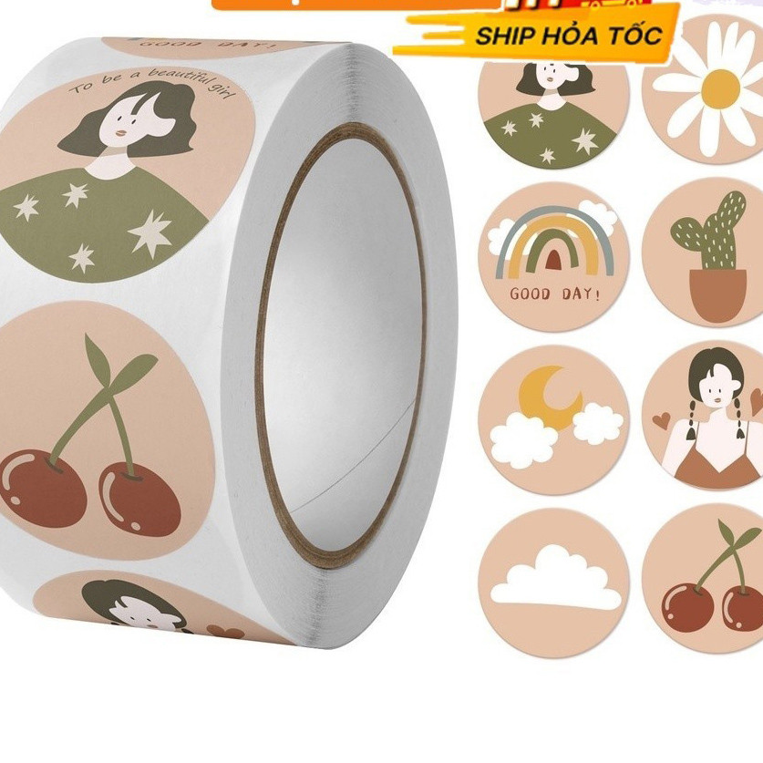 Cuộn 500 Sticker tròn trang trí bao bì, dán thư, phong bì dễ thương ...