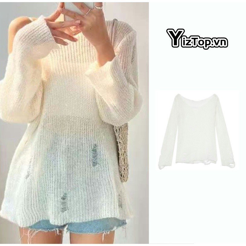 YizTop Áo Len Nữ Dài Tay Áo Len Cá Tính Rách Form Rộng Áo Thu Đông Áo ...