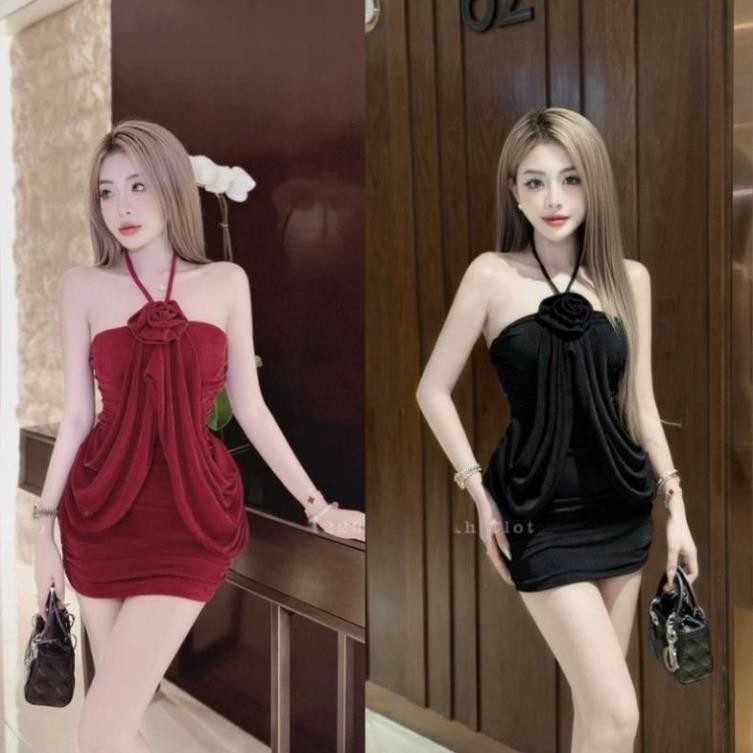 Đầm Body Dáng Ngắn KANOMY D163, Váy Nữ Cổ Yếm Vạt Hoa Đính Ngực Ôm Dáng Gợi Cảm