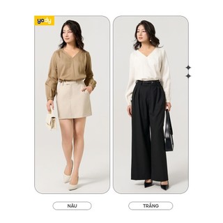 Áo sơ mi nữ YODY dài tay dáng suông cổ tim nhún vai thanh lịch SMN7218