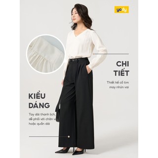 Áo sơ mi nữ YODY dài tay dáng suông cổ tim nhún vai thanh lịch SMN7218