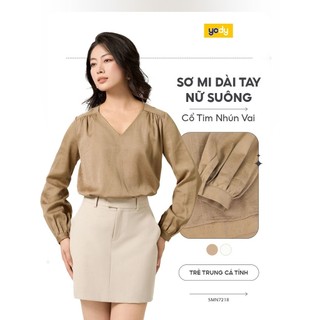 Áo sơ mi nữ YODY dài tay dáng suông cổ tim nhún vai thanh lịch SMN7218