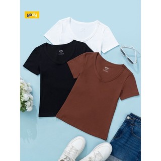Áo thun tshirt nữ YODY vải thun rib tăm nhỏ co giãn thoải mái, form slimfit tôn dáng, cổ tim WCTS25S318