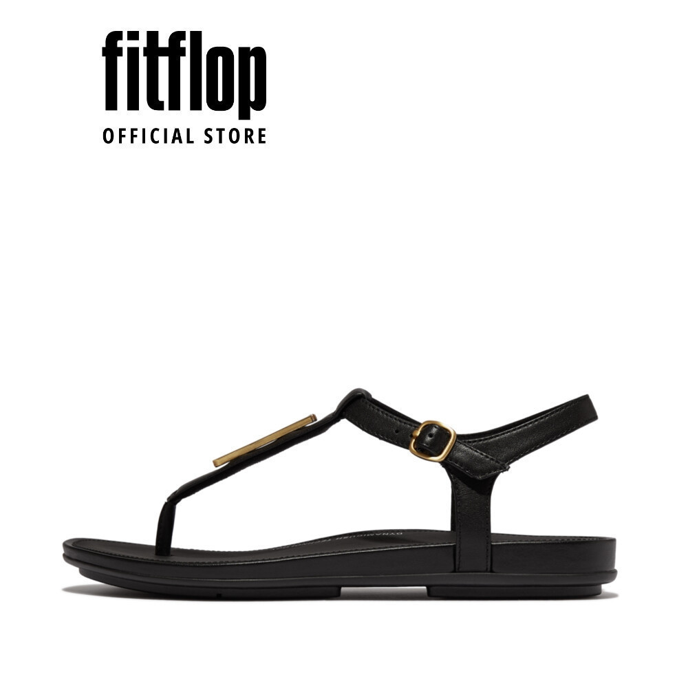 Dép Xăng Đan Nữ FitFlop Da GRACIE Viền Vàng Đai T - Black - FOT - JA5-090