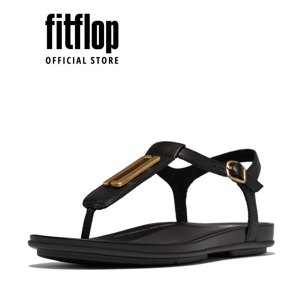 Dép Xăng Đan Nữ FitFlop Da GRACIE Viền Vàng Đai T - Black - FOT - JA5-090