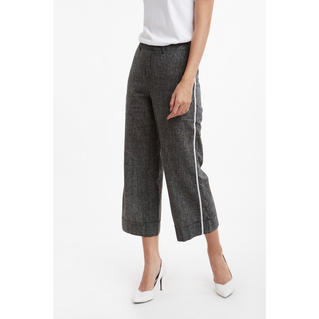 [CÒN SIZE S, M] Quần Tây nữ lửng ống rộng suông màu đen khói vải lanh NINOMAXX 1906042