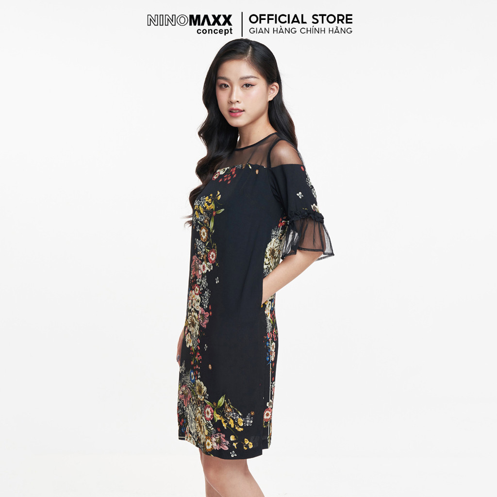 [CÒN SIZE S] Đầm Nữ N&M tay ngắn cổ tròn dáng suông họa tiết hoa văn nổi bật mã 1905111