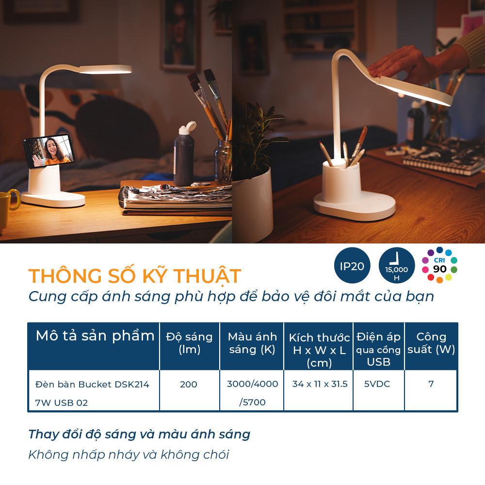 Đèn bàn học PHILIPS bảo vệ mắt Bucket DSK214 7W - Điều chỉnh độ sáng, êm dịu cho đôi mắt khỏe đẹp | BigBuy360 - bigbuy360.vn