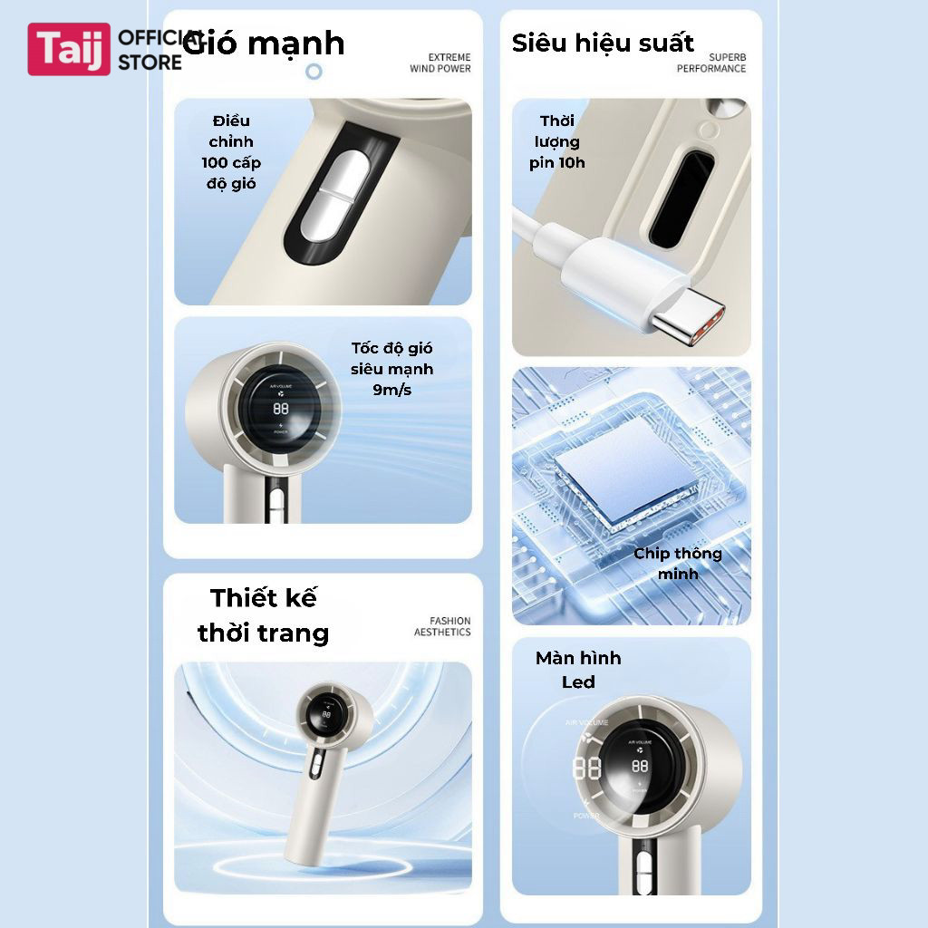 Quạt Cầm Tay Mini Tích Điện Di Động Có Thể Sạc, Tốc Độ Gió Mạnh, Quạt Phản Lực Cầm Tay