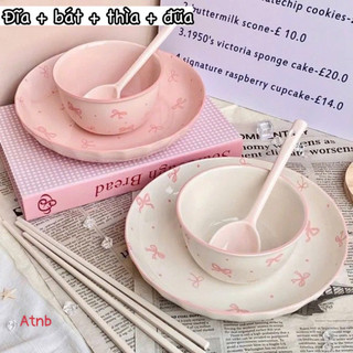 Set Bát Đĩa Tròn Hình Nơ Hồng Kèm Thìa Và Đũa 🌸🌸🌸