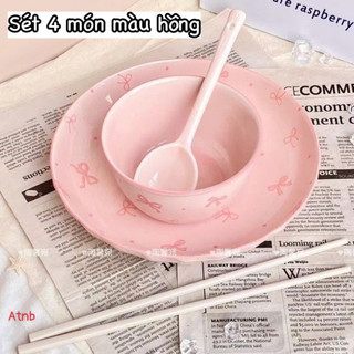 Set Bát Đĩa Tròn Hình Nơ Hồng Kèm Thìa Và Đũa 🌸🌸🌸