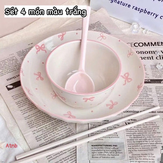 Set Bát Đĩa Tròn Hình Nơ Hồng Kèm Thìa Và Đũa 🌸🌸🌸
