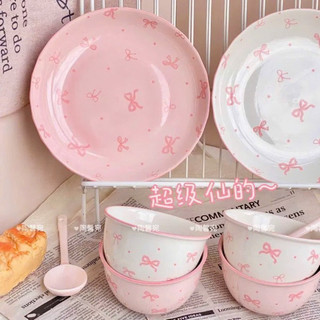 Set Bát Đĩa Tròn Hình Nơ Hồng Kèm Thìa Và Đũa 🌸🌸🌸