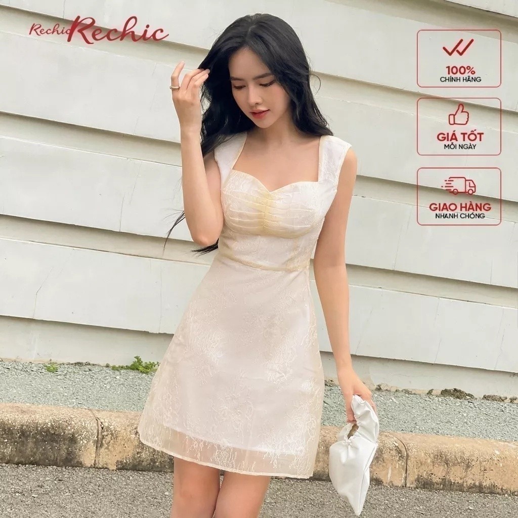 RECHIC Đầm Ngắn Emily Màu Be cổ vuông dáng váy chữ A hai lớp xếp ly ngực xinh xắn | BigBuy360 - bigbuy360.vn