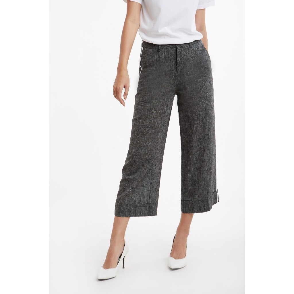 [CÒN SIZE S, M] Quần Tây nữ lửng ống rộng suông màu đen khói vải lanh NINOMAXX 1906042