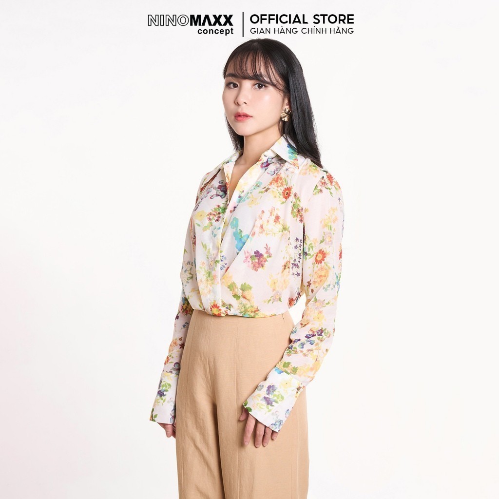 [CÒN SIZE M] Áo Sơ Mi Họa Tiết Hoa Trắng Pastel NINOMAXX 2407024