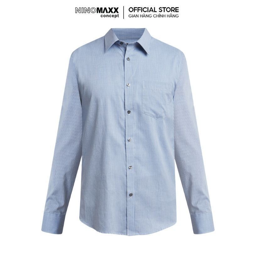 Áo Sơ Mi Nam Dài Tay NINOMAXX Xanh Kẻ Sọc Chất Cotton Có Túi Trước Form Slimft Tôn Dáng 2101087