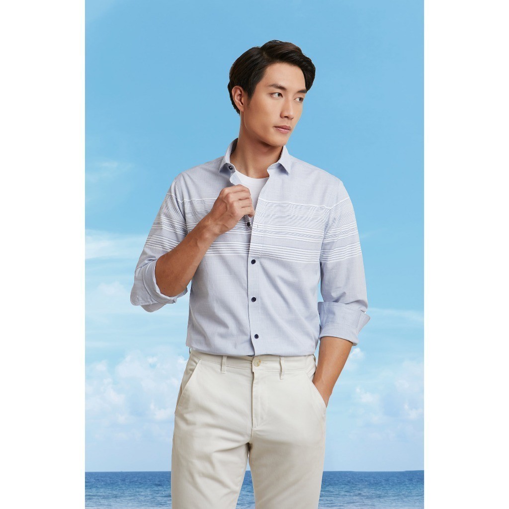 Áo Sơ Mi Nam Tay Dài Xanh Sọc Ngang Ngực Áo Nam Phong Cách N&M 2101078