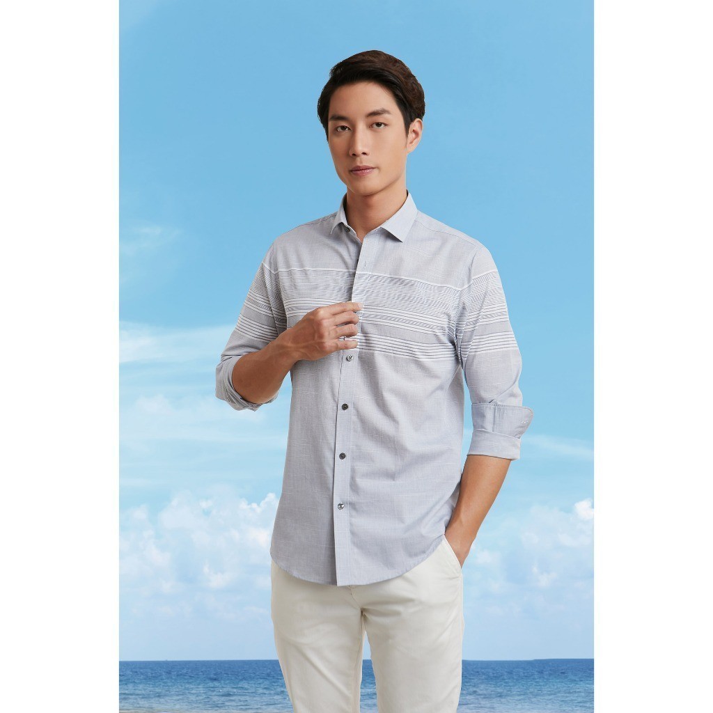 Áo Sơ Mi Nam Tay Dài Xanh Sọc Ngang Ngực Áo Nam Phong Cách N&M 2101078