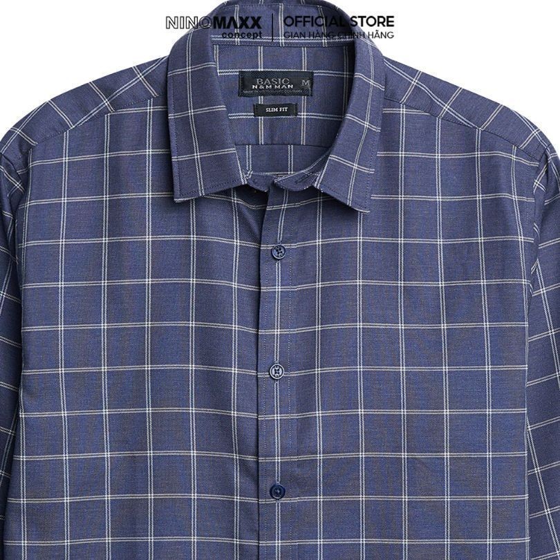 Áo Sơ Mi Nam Dài Tay NINOMAXX Xanh Caro Chất Melange Cotton Chống Nhăn Tôn Dáng Lịch Lãm 2110030