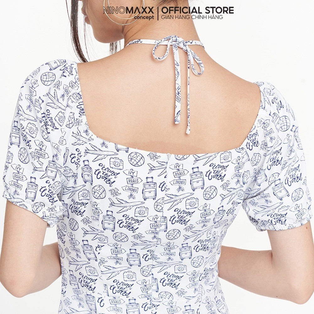 [CÒN SIZE S, M] NINOMAXX Đầm nữ thời trang họa tiết phối dây chất liệu viscose 2205010