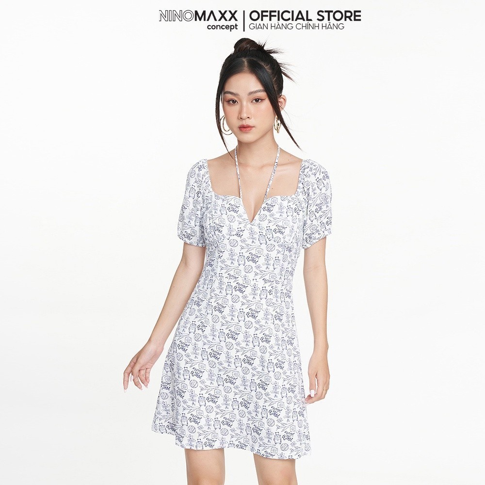 [CÒN SIZE S, M] NINOMAXX Đầm nữ thời trang họa tiết phối dây chất liệu viscose 2205010