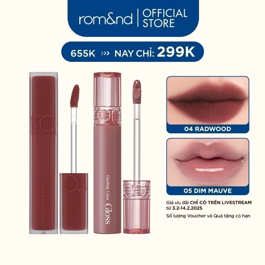 [Rom&nd x KOL] Combo Son Kem Blur Fudge Tint + Son Bóng Romand Glasting Color Gloss