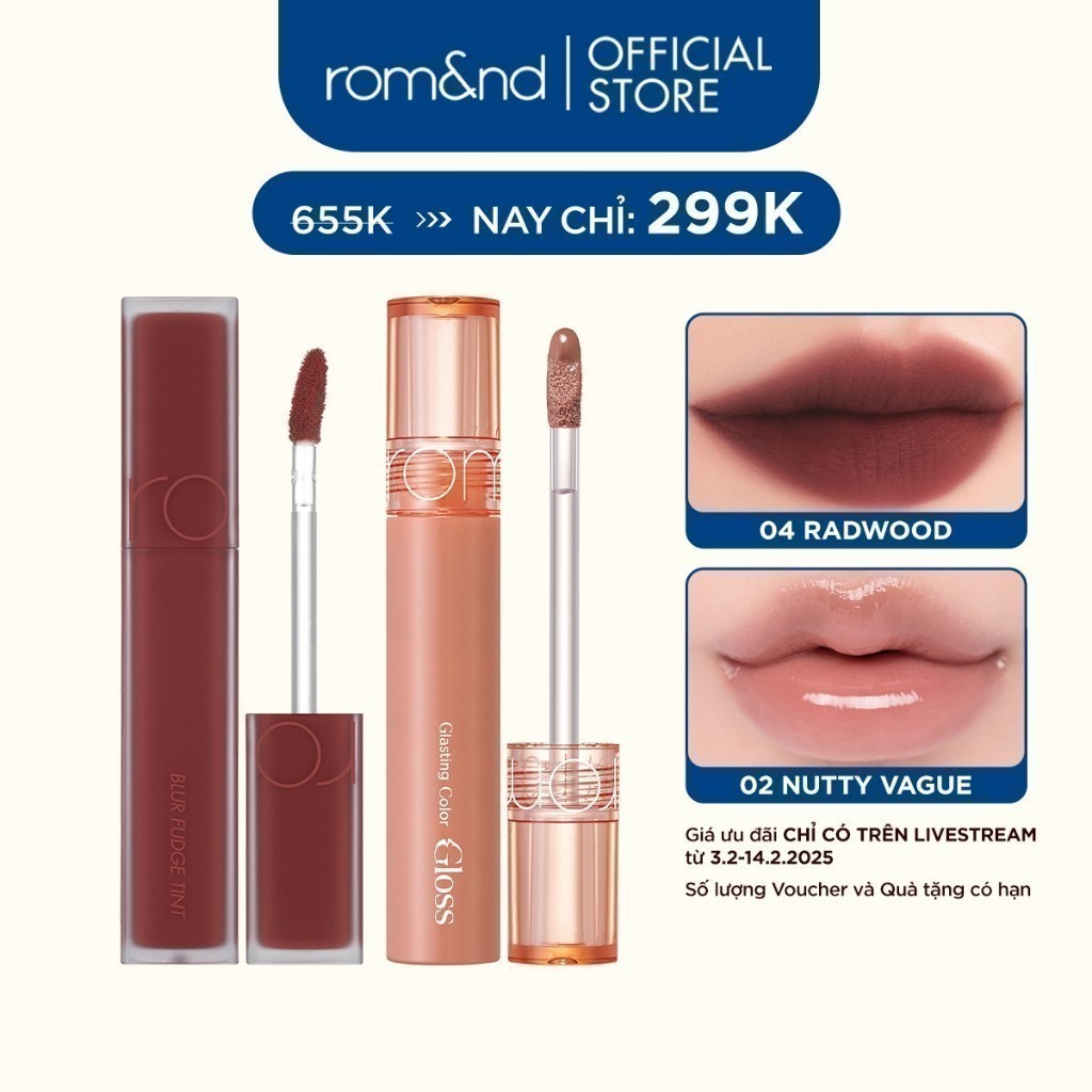 [Rom&nd x KOL] Combo Son Kem Blur Fudge Tint + Son Bóng Romand Glasting Color Gloss