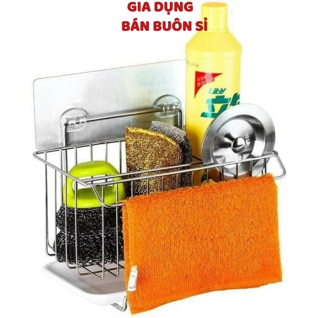 Kệ inox có khay hứng nước đựng miếng rửa bát dán tường Siêu Chắc- Giá Dán Tường Treo Đựng Đồ INOX Để Giẻ Rửa Chén Bát