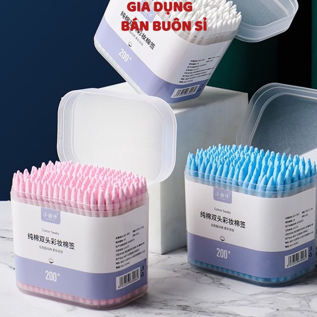 Tăm bông ngoáy tai hai đầu bông ráy tai dùng một lần thiết kế đa chức năng tiện dụng hộp 200 que