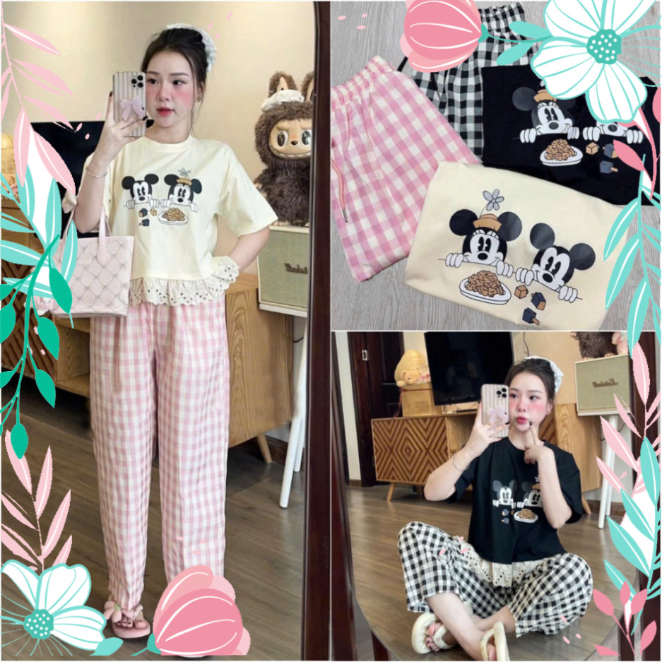2026. Sét bộ mặc nhà IN MIC.Ki REN, Sét áo cotton 4 chiều in hình+ quần baggy Kết Hàn mềm. Đủ size SMLXL 40kg- 70 kg