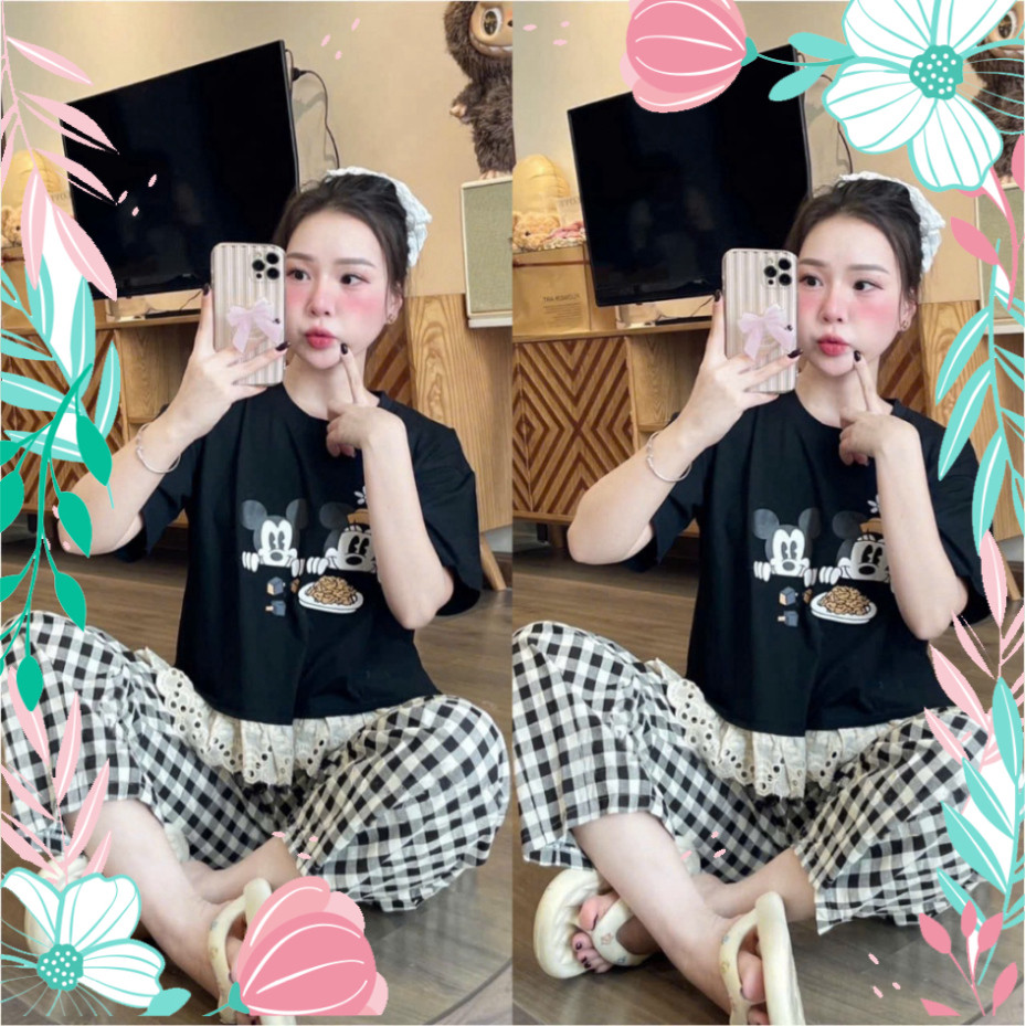 2026. Sét bộ mặc nhà IN MIC.Ki REN, Sét áo cotton 4 chiều in hình+ quần baggy Kết Hàn mềm. Đủ size SMLXL 40kg- 70 kg