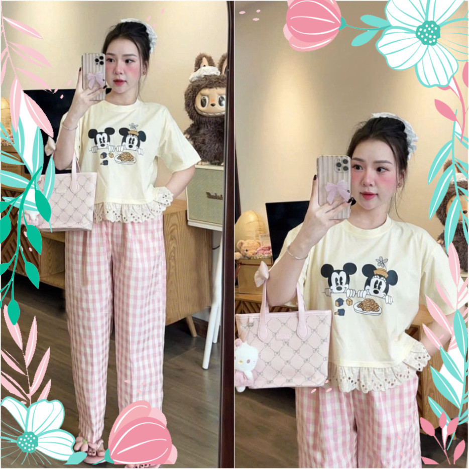 2026. Sét bộ mặc nhà IN MIC.Ki REN, Sét áo cotton 4 chiều in hình+ quần baggy Kết Hàn mềm. Đủ size SMLXL 40kg- 70 kg