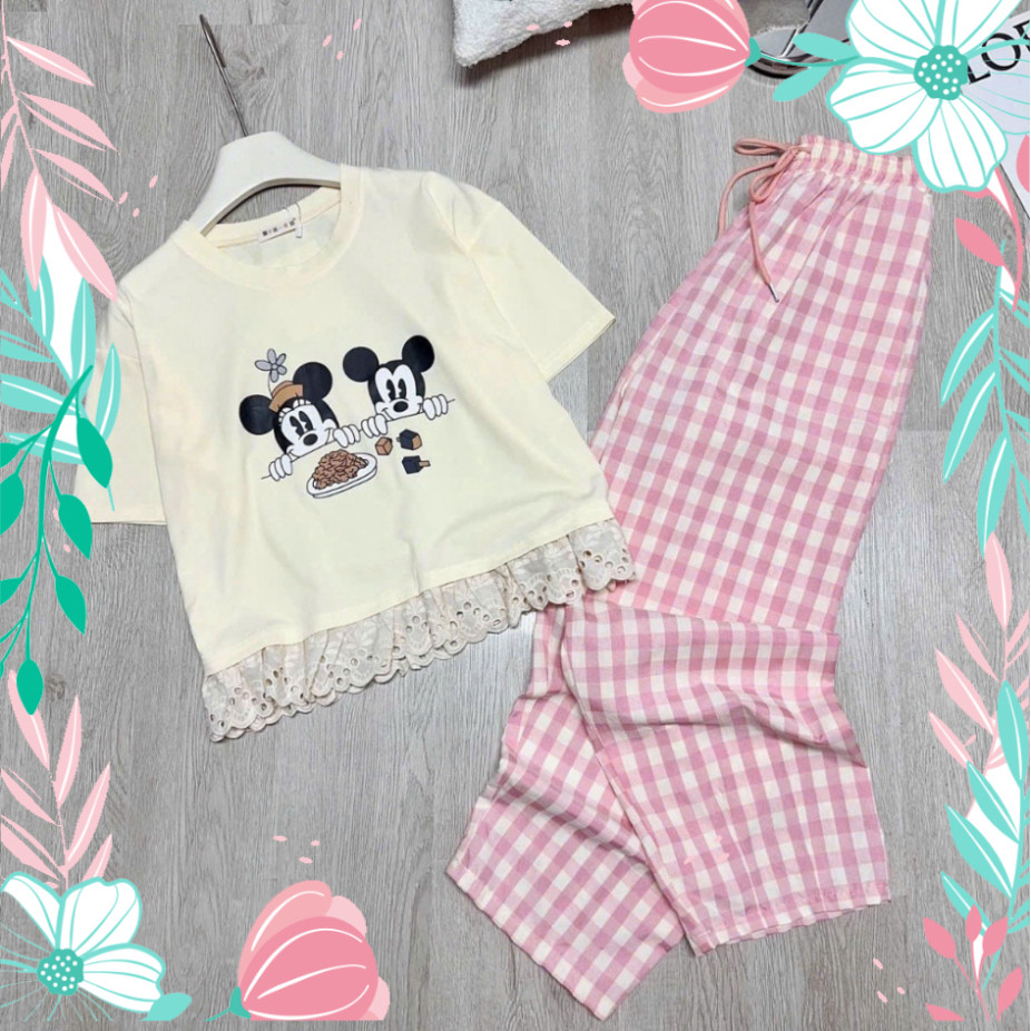 2026. Sét bộ mặc nhà IN MIC.Ki REN, Sét áo cotton 4 chiều in hình+ quần baggy Kết Hàn mềm. Đủ size SMLXL 40kg- 70 kg