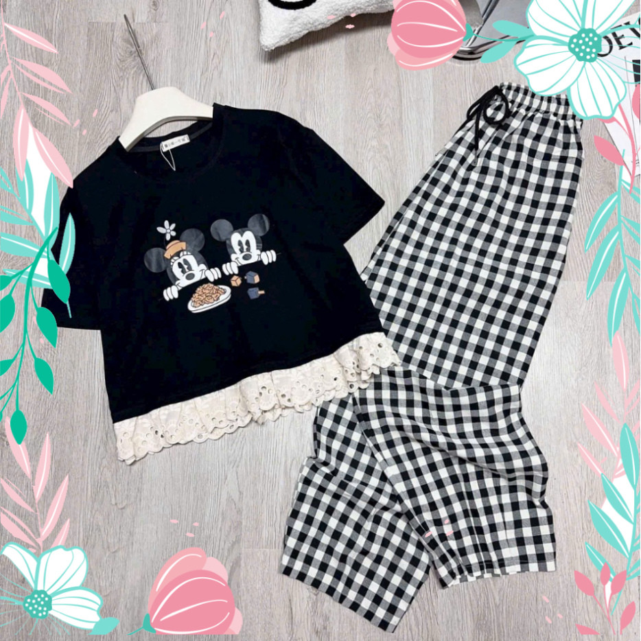 2026. Sét bộ mặc nhà IN MIC.Ki REN, Sét áo cotton 4 chiều in hình+ quần baggy Kết Hàn mềm. Đủ size SMLXL 40kg- 70 kg