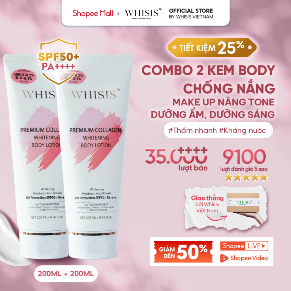 Kem Body Dưỡng Trắng Da Chống Nắng Nâng Tone Tức Thì WHISIS Premium Collagen Whitening Body Lotion 200ml SPF50+ PA++++