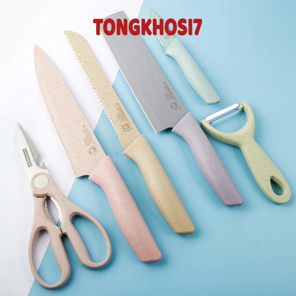 Bộ Dao Nhà Bếp Lúa Mạch 6 Món Kháng Khuẩn Đa Năng Tiện Dụng Thép Chống Gỉ