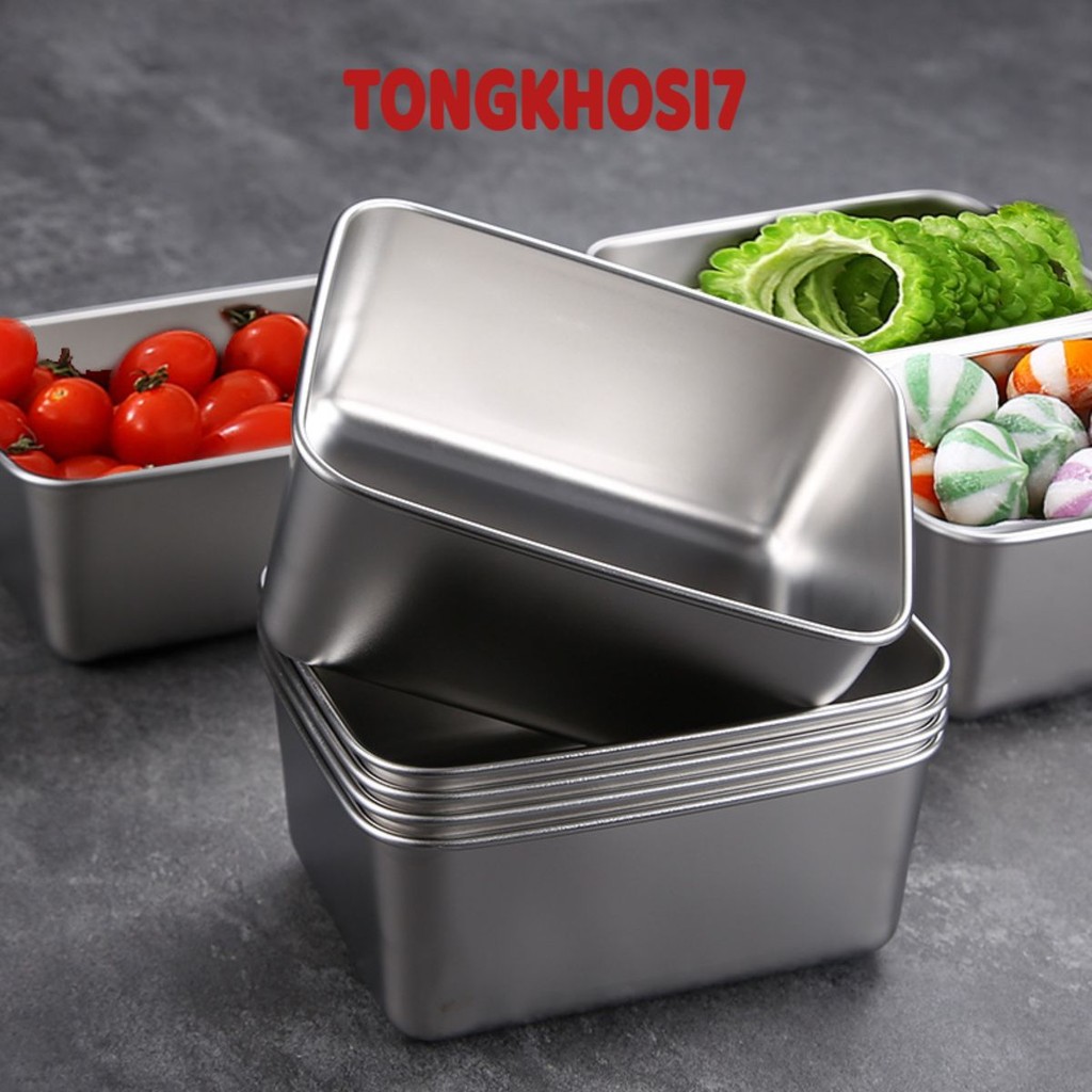Khay Hộp Inox SUS 304 Đựng Bảo Quản Thực Phẩm Kèm Nắp Nhựa. Đựng Gia Vị, Topping Đồ Uống. Vệ Sinh