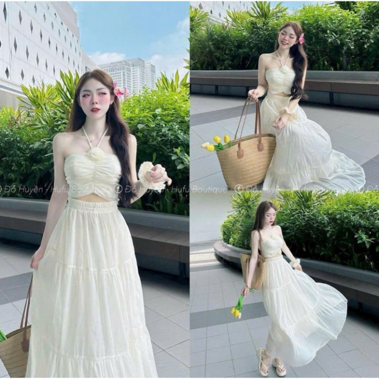 [12.12] Set váy đi biển chất voan tơ có mút cổ yếm dáng váy dài xòe tiểu thư mẫu mã xinh xắn nhẹ nhàng dễ thương💃💃  ✔️