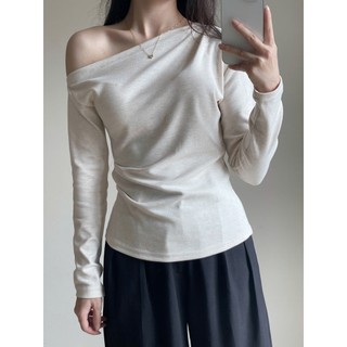 Áo thun lệch vai Forgirl áo thun trễ vai dài tay nhún eo chất tăm dày mịn T076