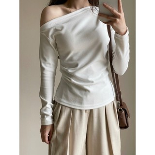 Áo thun lệch vai Forgirl áo thun trễ vai dài tay nhún eo chất tăm dày mịn T076