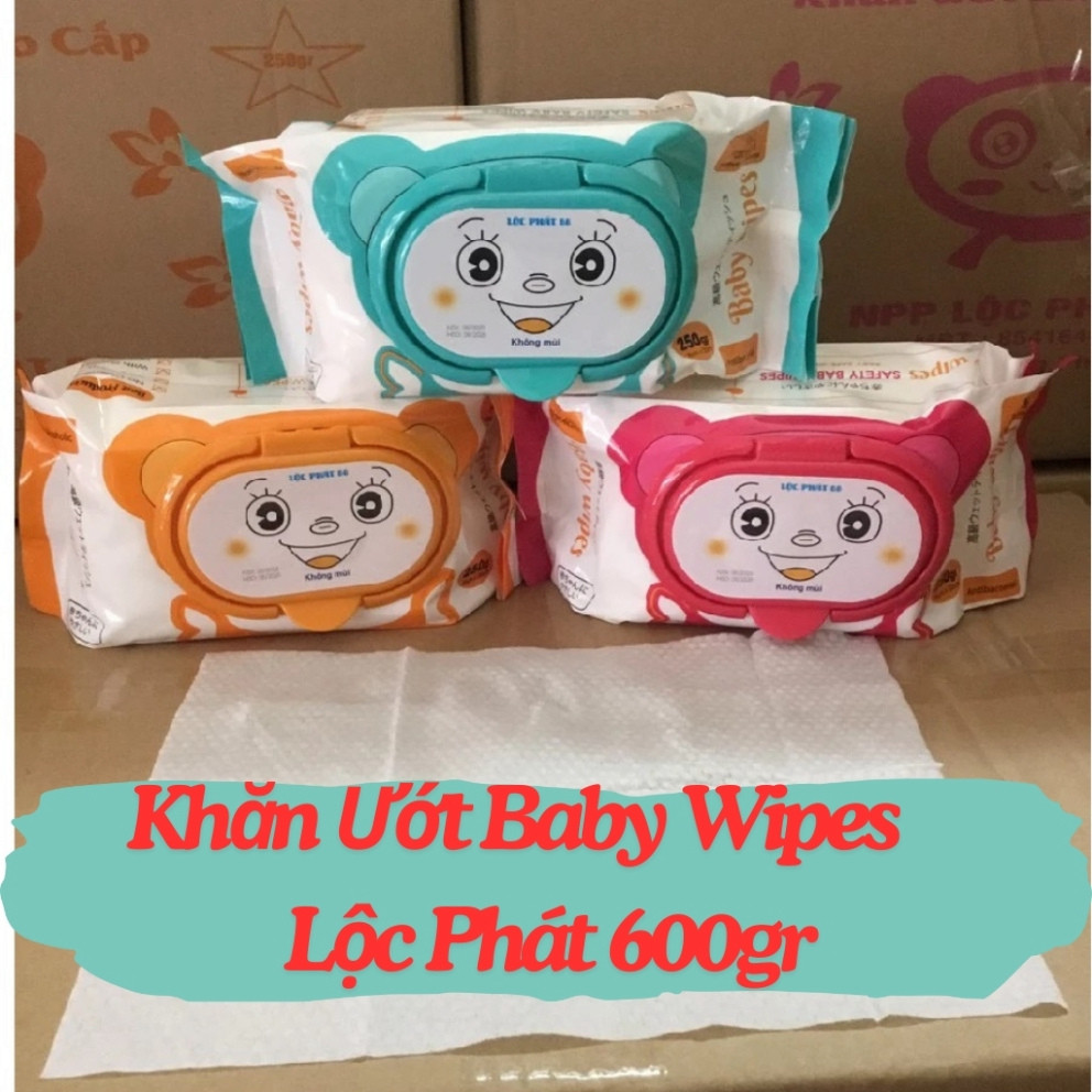 Khăn Ướt Không Mùi Baby Wipes Lộc Phát 600gr Không Cồn, Khăn Mềm Mịn Không Làm Khô Da Tính Năng Giữ Ẩm